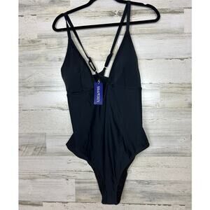 Shaperin Women's plus 2XL black plunge bust line cheeky one piece bathing suit